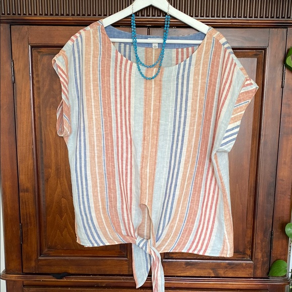L.L. Bean Tops - L. L. Bean Signature 100% Linen cap sleeve tie front blouse beachy sunset stripe